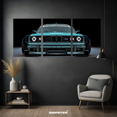 BMW M3 tri-panel poster by Dripster featuring a front view of a blue BMW M3 car with dark background